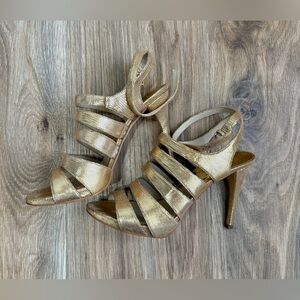 Michael Kors Elena Metallic Gold Leather Strappy Heels Size 7.5M EUC